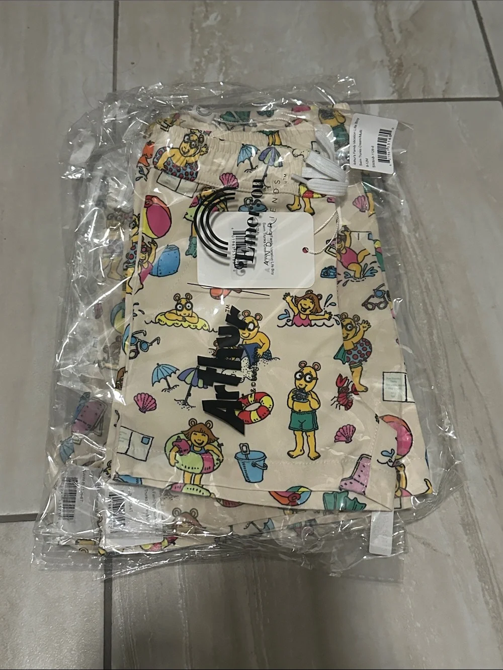 Mini Boden Kids' Cream Beach Print Swim Trunks
